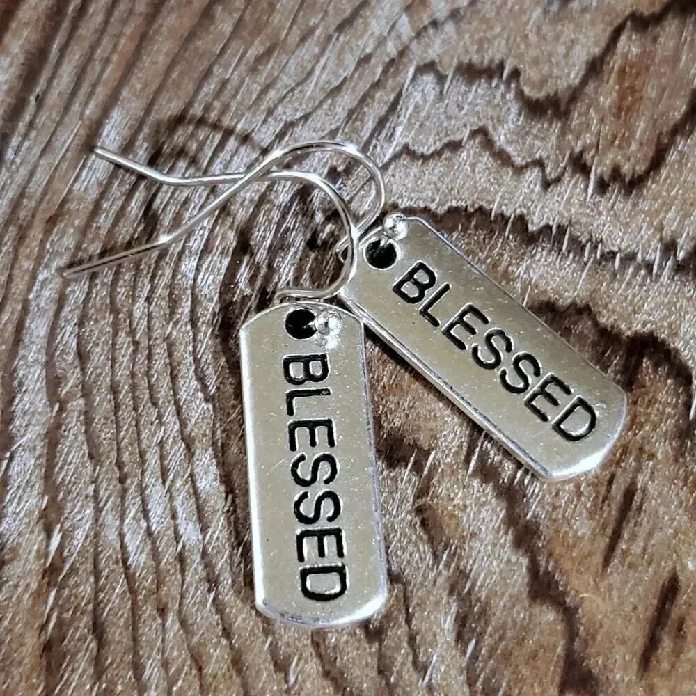 Handcrafted Blessed Inspirational Word Message Carved Silver Black Earrings